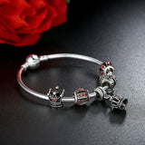 Simple 925 Silver Charm Bangle & Bracelet with Royal Crown Pendant & Red Crystal Ball Friendship Bracelet