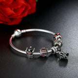 Simple 925 Silver Charm Bangle & Bracelet with Royal Crown Pendant & Red Crystal Ball Friendship Bracelet