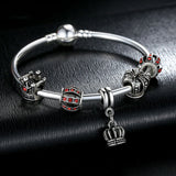 Simple 925 Silver Charm Bangle & Bracelet with Royal Crown Pendant & Red Crystal Ball Friendship Bracelet