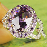 Splendide Noble Oval Cut Amethyst & White Topaz Silver Ring Fashion Women Purple Jewelry