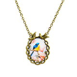 Summer Style Jewelry Vintage Antique Bronze Oval Flower Bird Alloy Pendant Necklace Glass Cabochon Statement Necklace for Women