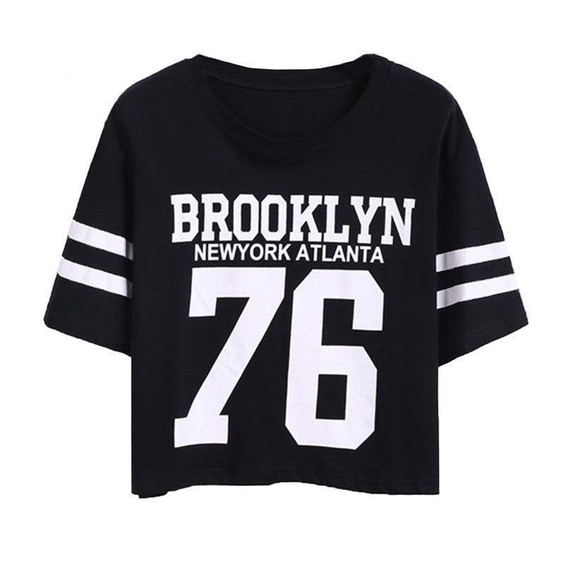 Summer Cropped Top 2016 Female BROOKLYN 76 Print Number Top Casual Short Sleeve Letters Print Monogrammed Crop T-Shirt