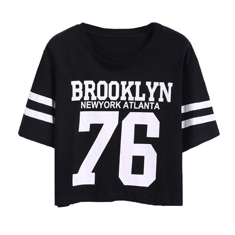Summer Cropped Top Female BROOKLYN 76 Print Number Top Casual Short Sleeve Letters Print Monogrammed Crop T-Shirt