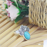 Summer Style Vintage Retro Tibet Flower Silver Plated Color Special Oval Turquoise Finger Ring for Women Fine Jewelry Gift