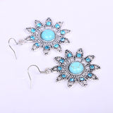 Turquoise Earrings for Women Luxury Vintage Carved Flower Hollow Jewelry Tibetan Dangle Earrings