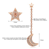 Mismatched Star and Moon With Chain CZ simulated Diamond White Rose Gold Plated Drop Earrings for Women Pendientes