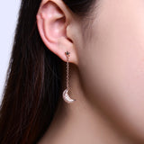 Mismatched Star and Moon With Chain CZ simulated Diamond White Rose Gold Plated Drop Earrings for Women Pendientes