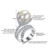 Ultra Big Synthetic Pearl Jewelry Fire Shaped Zirconia Rhodium Plated Micro Paved Rings for Women New Anel Feminino