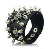 Unique Rock Spikes Rivet Gothic Skeleton Skull Punk Biker Wide Cuff Leather Bracelet 