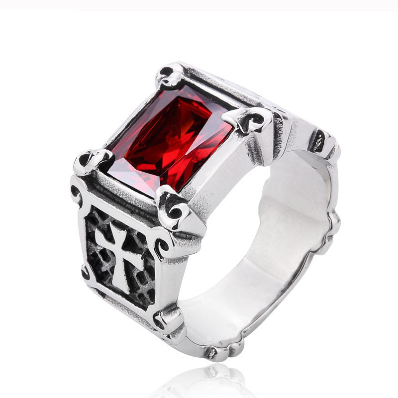 Vintage Friar Men's double cross Ring With Black/Red/Blue three colors Stone Fashion Ring