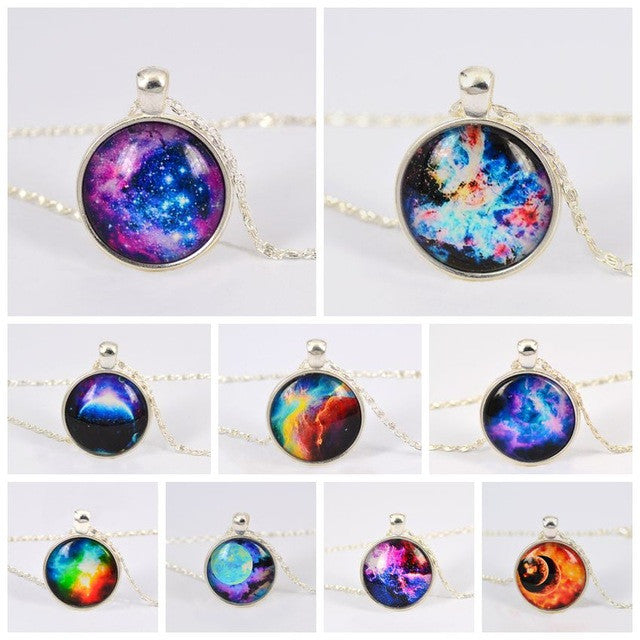 Vintage Galaxy Necklace&Pendant Glass Cabochon Statement Chain Necklace for Women Vintage Sterling Silver Jewelry Fine Jewelry