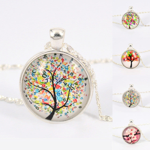 Vintage Life Tree Necklace Fashion Glass Cabochons Statement Necklace Silver Color Jewelry for Women Gift Sweater Collares