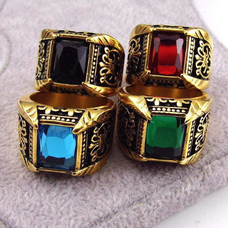 Vintage Antique Gold/Silver Plated Crystal Ring For Men Stainless Steel Big Square Stone Finger Ring Male Men Jewelry