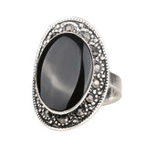 Vintage Jewelry Oval Black And Green Enamel Ring For Women Silver Plated Crystal Gift 