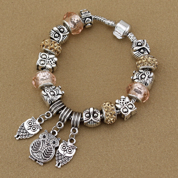 Vintage jewelry Owl Bracelet & Bangles Antique Silver Crystal Beads Owl Charm Pendant Bracelet for Women