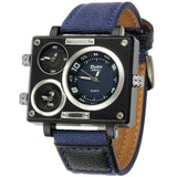 Vogue Men's Collection Black Rectangle Case Three Quartz Time Zones Military Canvas Fabric and Leather Band Sports Wrist Watches