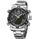 WEIDE Brand Mens Sports Watches LED Digital Analog Quartz Watch Display 2 Time Zones Full Steel Watch Men Waterproof 3ATM Clock