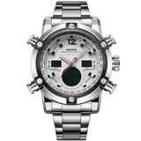 WEIDE Brand Mens Sports Watches LED Digital Analog Quartz Watch Display 2 Time Zones Full Steel Watch Men Waterproof 3ATM Clock