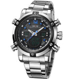 WEIDE Brand Mens Sports Watches LED Digital Analog Quartz Watch Display 2 Time Zones Full Steel Watch Men Waterproof 3ATM Clock