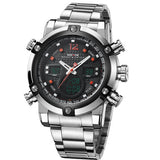 WEIDE Mens Watches LED Digital Analog Quartz-watch Display 2 Time Zones Full Stainless Steel Watch Men Waterproof 3ATM Clock