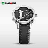 WEIDE Universe 3 Time Zones Watch Men Sport Water Resistant 3ATM Men's Quartz Movement Military Original Leather Strap Watches