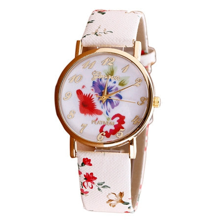 Watch Women Trendy Fashion Flower Patterns Dress Watches Female Hour Leather Lady Dress Analog Quartz Vogue Clock Relogio