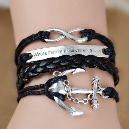 Where There's a Will There's a Way Handmade Infinity Anchor Rudder Charm Bracelet Multilayer Woven Women Men Bracelet