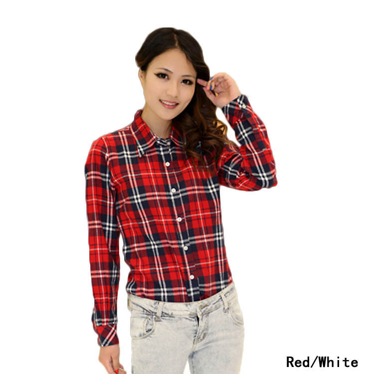 New Fashion Womens Tops Casual Blouse Turndown Collar Long Sleeve Plaids Print Pattern Flannel Shirt