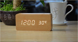 White LED wooden Board alarm clock+Temperature thermometer digital watch voice activated,BatteryUSB power