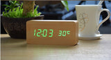 White LED wooden Board alarm clock+Temperature thermometer digital watch voice activated,BatteryUSB power