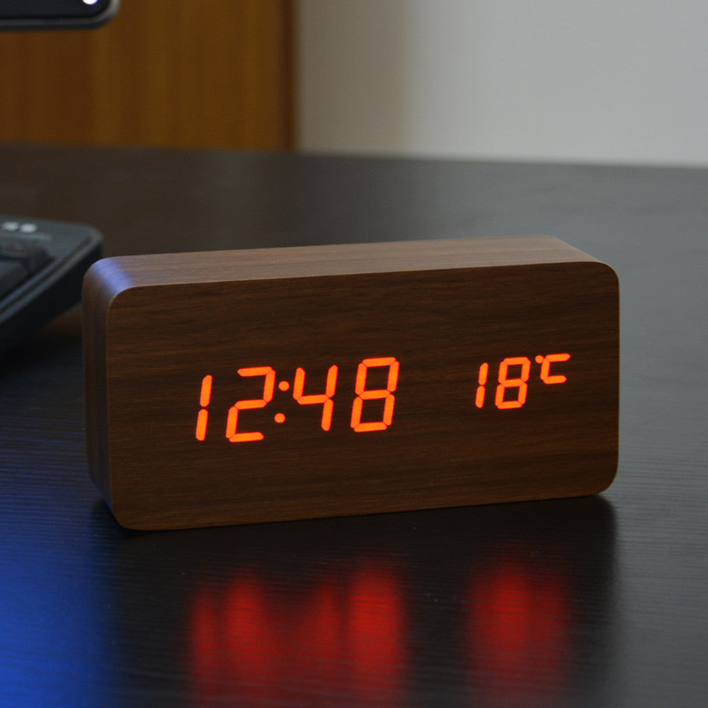 White LED wooden Board alarm clock+Temperature thermometer digital watch voice activated,Battery/USB power