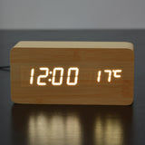 White LED wooden Board alarm clock+Temperature thermometer digital watch voice activated,BatteryUSB power