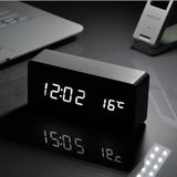White LED wooden Board alarm clock+Temperature thermometer digital watch voice activated,BatteryUSB power
