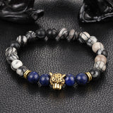 Antique Silver Plated Buddha Leopard head Bracelet Lava Natural Stone Beaded Bracelets For Men Women Pulseras Hombre