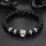 Antique Silver Plated Buddha Leopard head Bracelet Lava Natural Stone Beaded Bracelets For Men Women Pulseras Hombre