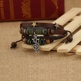 Bronze Star Rivets Cowhide Women Bracelets Charm Musical Notes Bracelet Pendants Leather Braided Snake Chain Bracelet