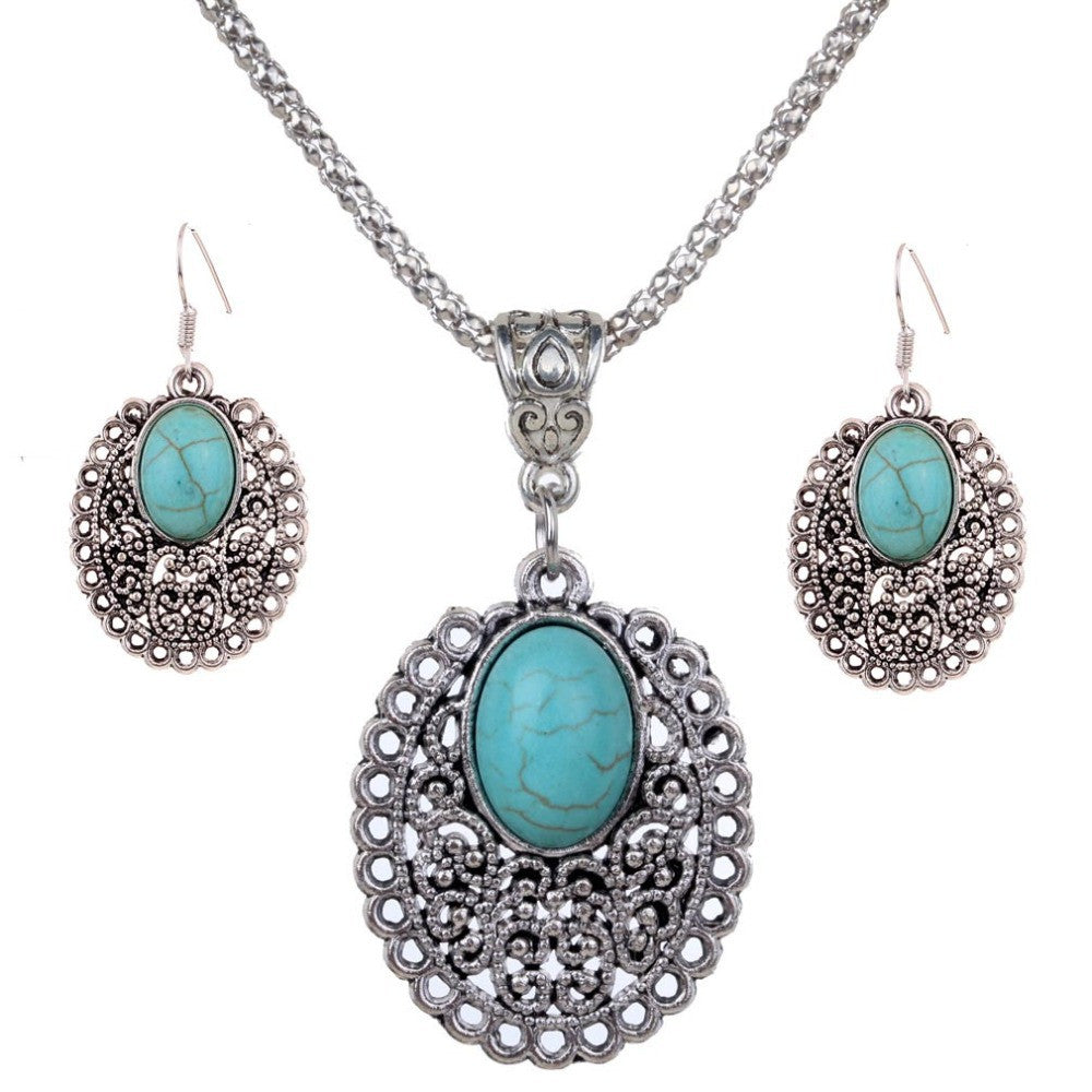 Fashion Retro New Heart Turquoise Crystal Inlay Flower Pendant Necklace Dangle Earrings Jewelry Set Gift for Women