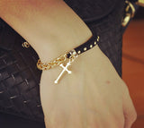 New Fashion 18K gold filled leather rope chain cross charm bracelets Valentine's Day gift for women