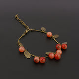 Womens Sweet Jewelry Vintage Retro Red Cherry Beaded Leaf Charm Bangle Bracelet 