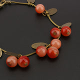 Womens Sweet Jewelry Vintage Retro Red Cherry Beaded Leaf Charm Bangle Bracelet 