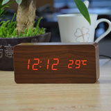 Sounds control novel alarm clocks 4 color LED Display Office wooden desk clock Sylish table clock