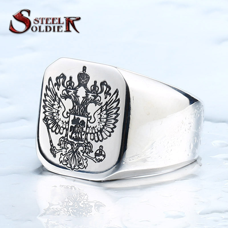 Double eagle russian stainless steel ring for men fashion high quality coat of arms of the Signet biker Ring