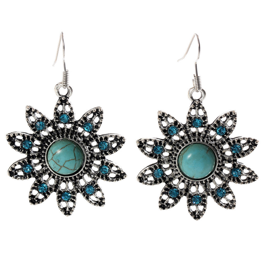 hot earring Charming Ethnic Tibetan Silver Oval Rimous Turquoise Earring Crystal Drop Dangle Earrings Christmas Gift for Women