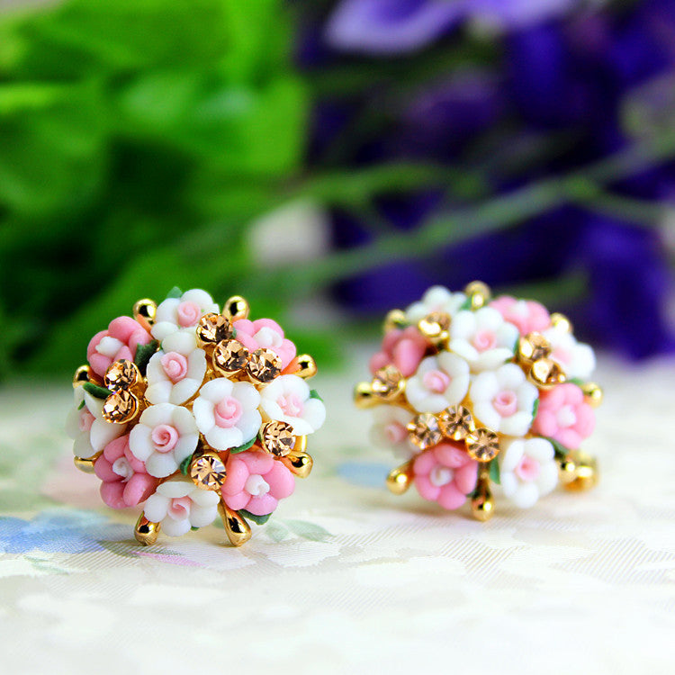 hot sell brand jewery luxury crystal double imitation pearl stud earrings for women flowers beads earrings for summer style