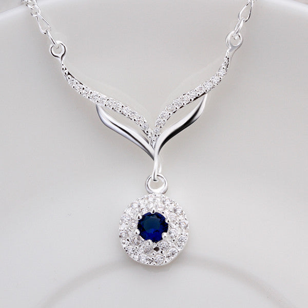 new arrived 925 sterling silver jewelry leafage link round blue stone crystal pendant necklace for women