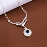 new arrived 925 sterling silver jewelry leafage link round blue stone crystal pendant necklace for women