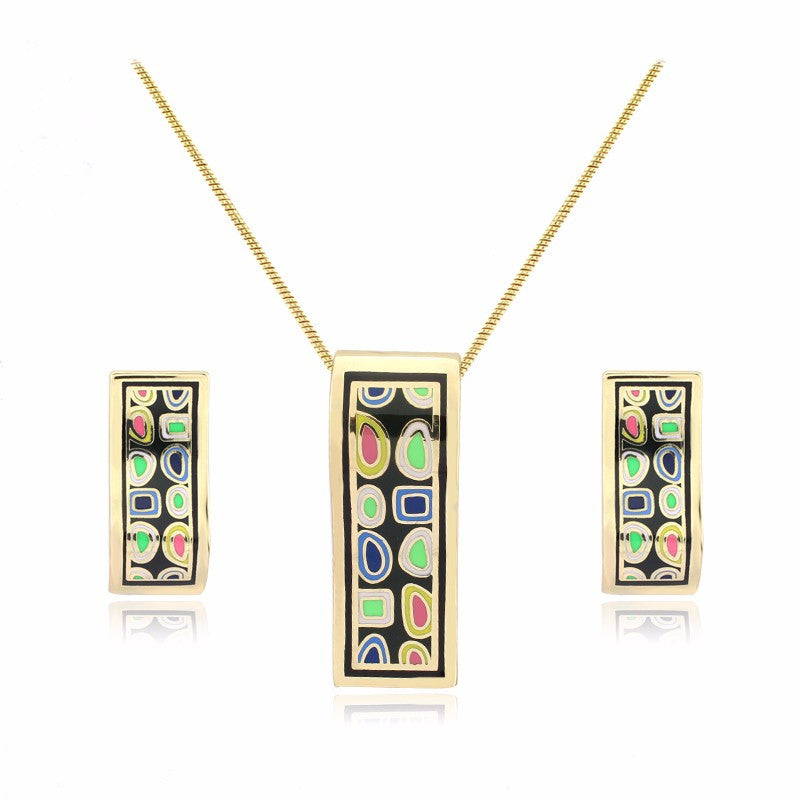 New design gold plated colorful Geometry pattern Rectangular shape earrings & pendant necklace enamel jewelry set