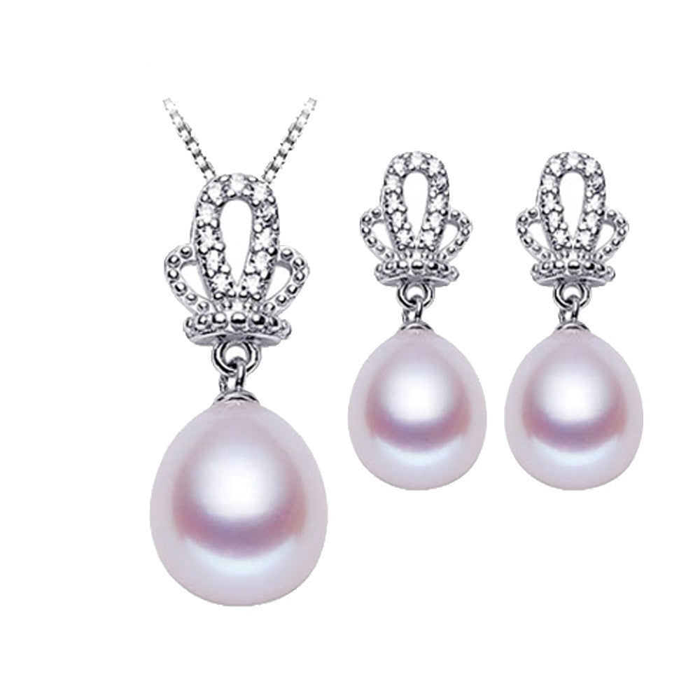 new fashion jewelry set for women elegant 925 sterling silver crown pendant necklace&earrings top quality pearl jewelry