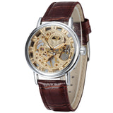new fashion sewor brand design cool skeleton men clock luxury gold hand wind mechanical leather wrist male business watch