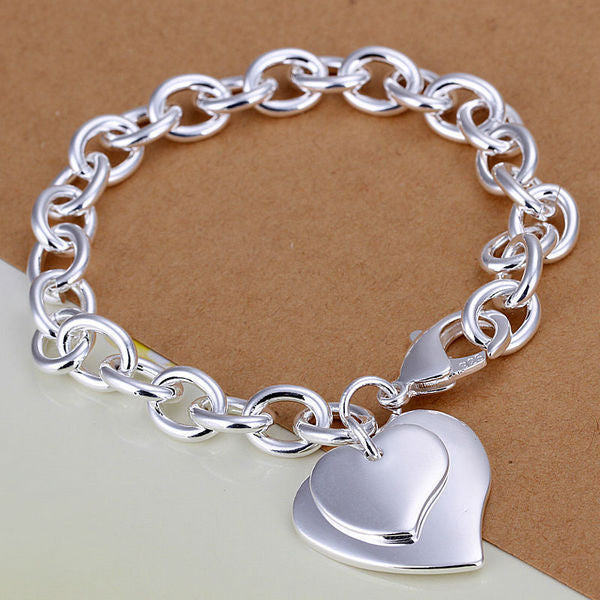 silver Fashion bracelet/bangle Jewelry trendy women double heart charm bracelets